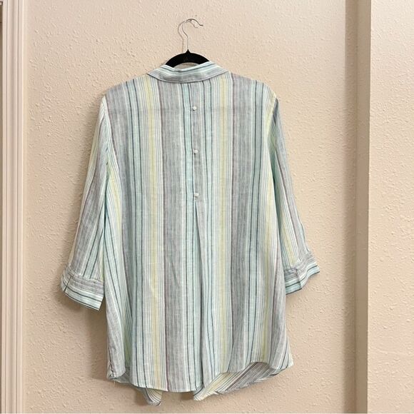 Chicos No Iron Striped 100% Linen Button Front Top Shirt Teal Blue White Size XL - Picture 8 of 10